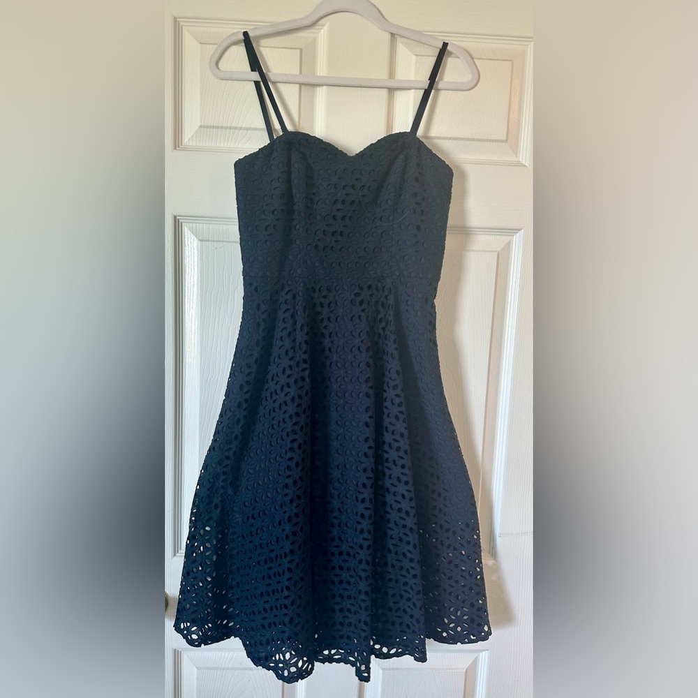 Ann Taylor Strapless Fit & Flare Navy Eyelet Dress